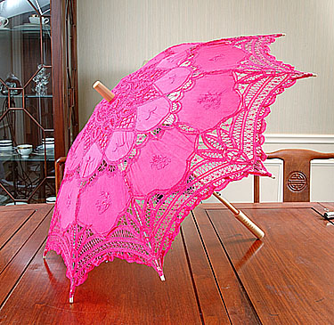 Battenburg Lace Parasol. Hot Pink color. 18 inches.